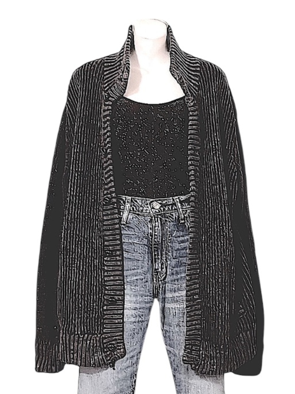 Vintage Dark Charcoal Gray Ribbed Knit Oversized Button Down Cardigan Sweater L